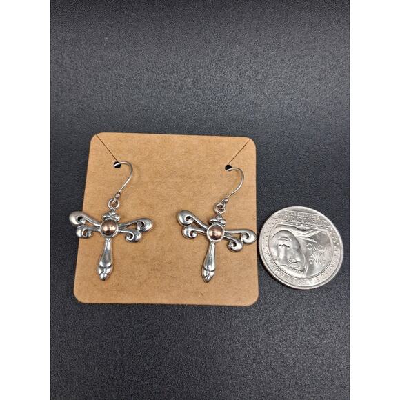 Dragonfly Earrings, Dangle Style, Sterling Silver & 18k Gold, Two Tone, Classic - Picture 2 of 5